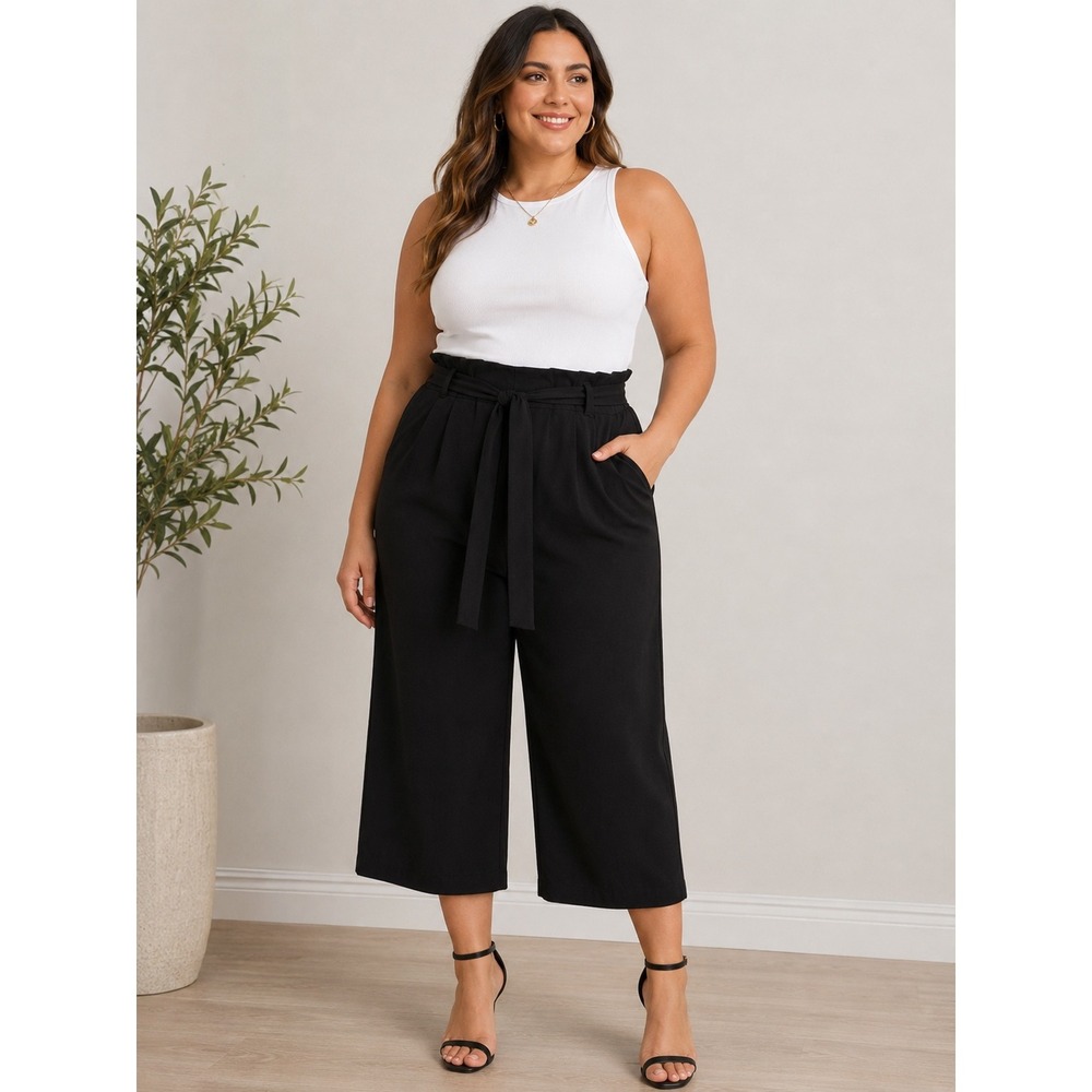 Popsugar Belted Cropped Wide Leg Paper Bag Pants Black XL Elastic Waist